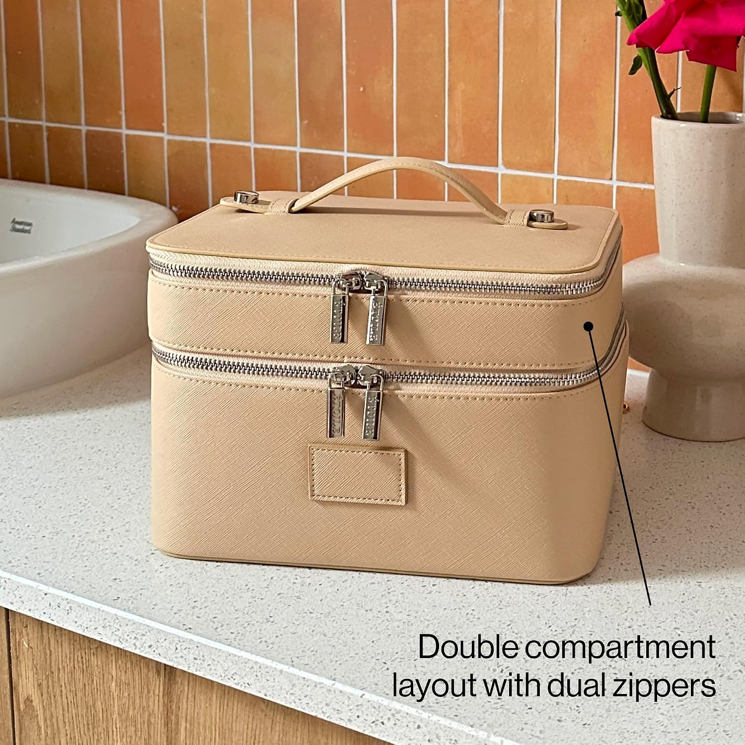 Duo Vanity Case Beige - Large Functional Travel Makeup Bag Organizer with Removable Divider & Mirror