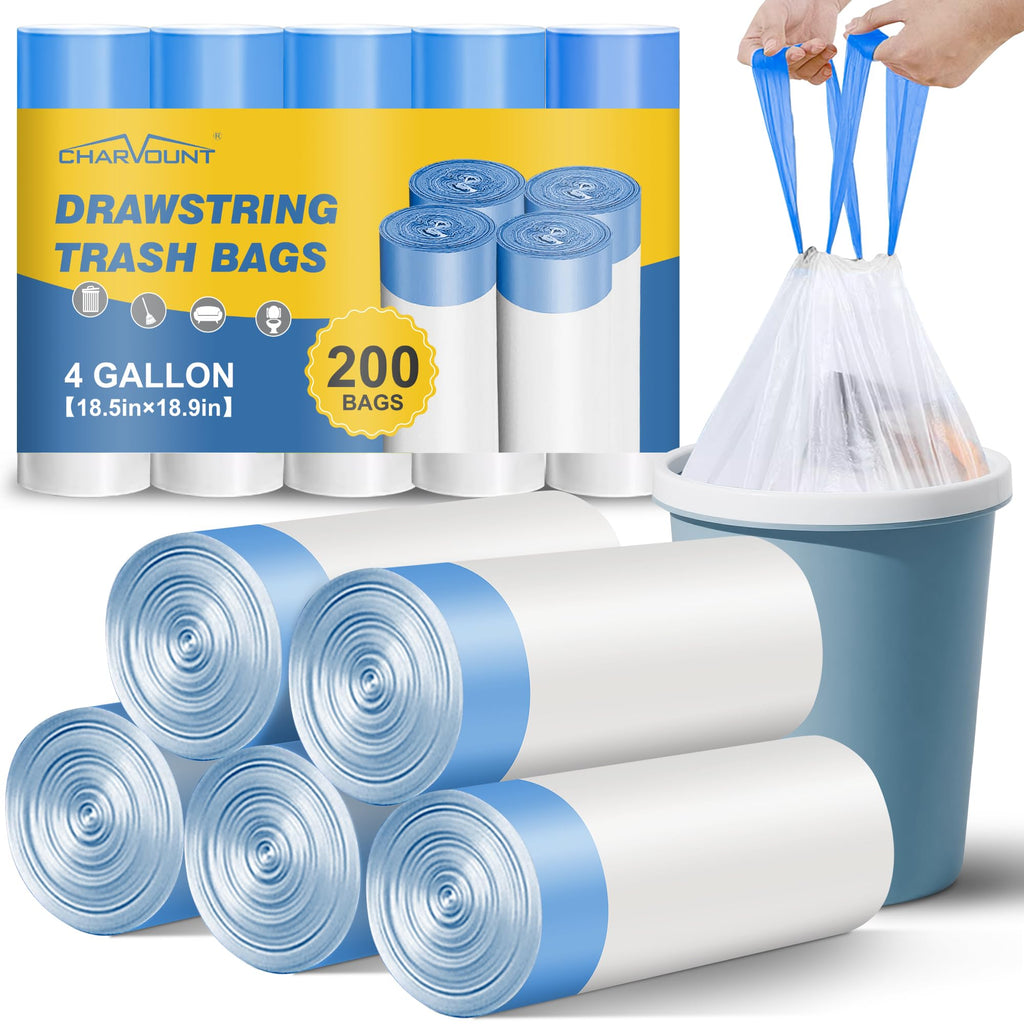 Small Trash Bags 4 Gallon, 200 Count Drawstring Mini Garbage Bags
