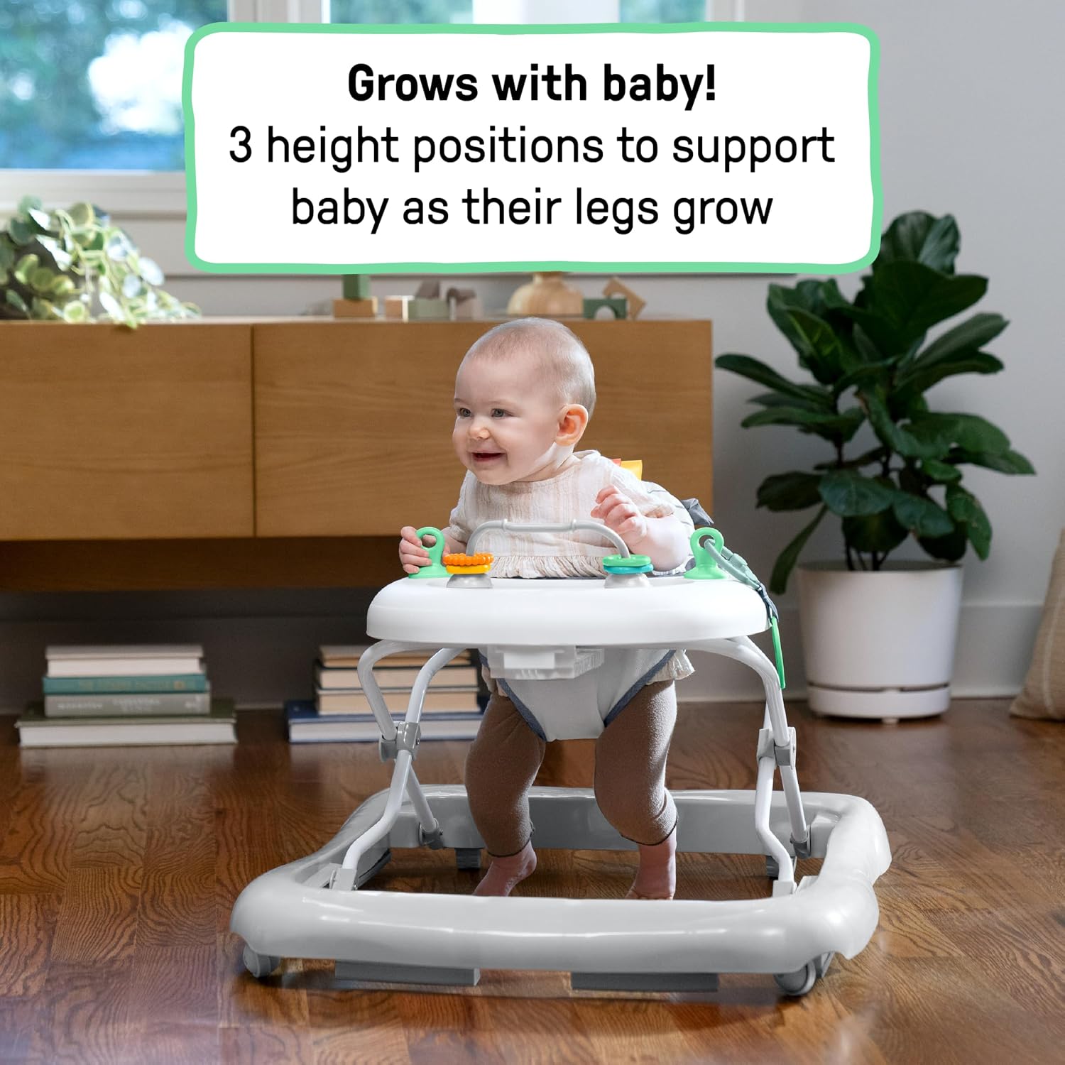 Smooth Strides Activity Baby Walker - Chambray, Developmental Walker, 3 Adjustable Heights, Toys Included, 6M-12M