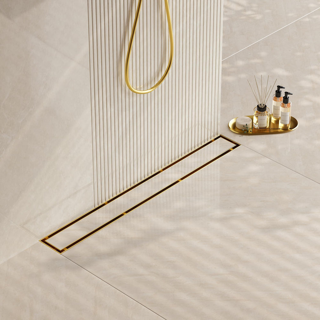 24" Gold Linear Shower Drain,2-in-1 Flat& Tile Insert Cover