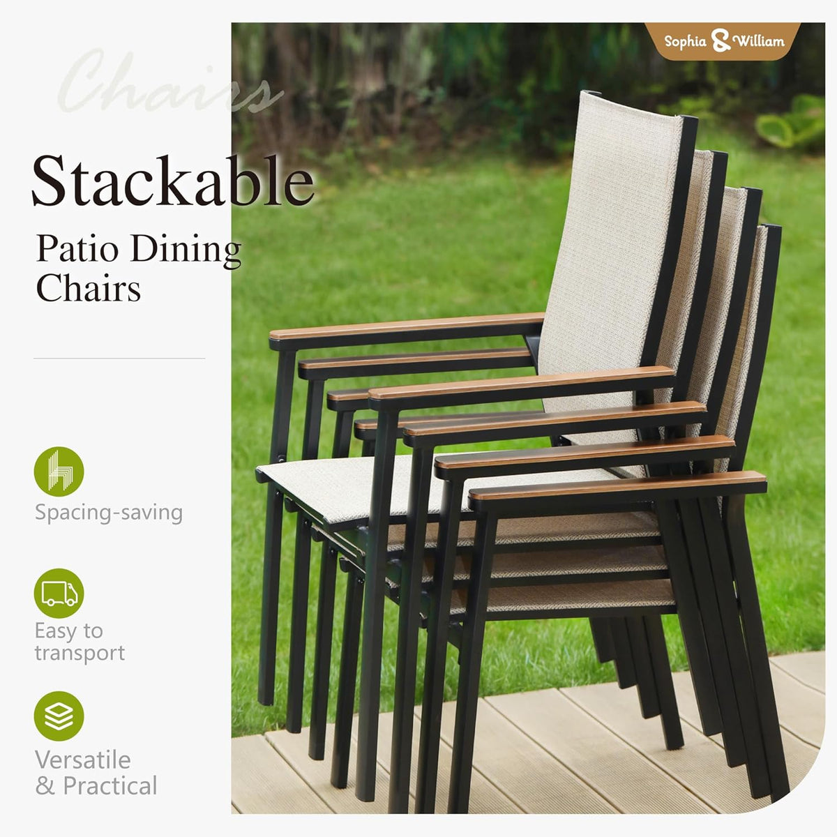 Patio Dining Chairs Set of 4, Stackable Aluminuum Frame