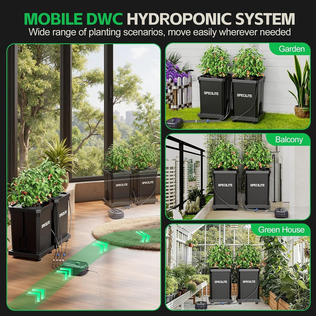 7 Gallon 2 Buckets DWC Hydroponics Grow System with Wheels | Top Drip Kit, Deep Water Culture Recirculating Drip