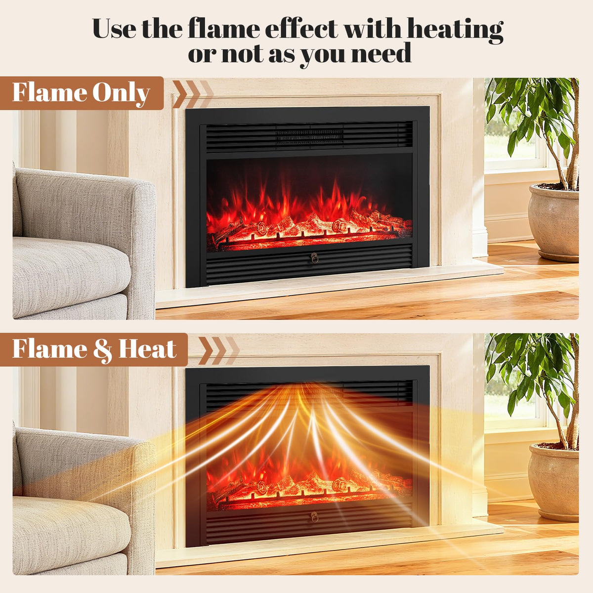 36" Electric Fireplace Insert, Wall Recessed/Mounted, Freestanding Fireplace with Remote Control, 3 Color Adjustable