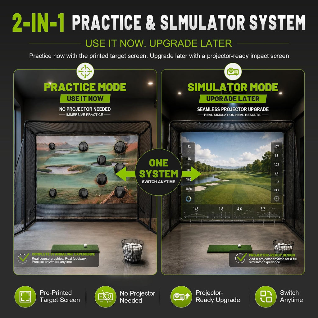2 in 1 Golf Simulator Net System, 10 x 8ft Golf Practice Net Hitting Net with 4K-Ready Impact Screen, Target Cloth