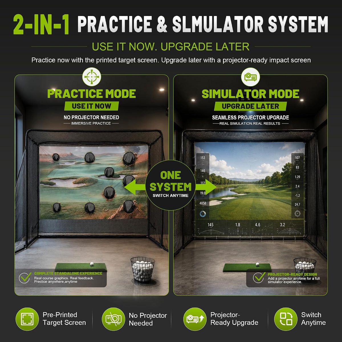 2 in 1 Golf Simulator Net System, 10 x 8ft Golf Practice Net Hitting Net with 4K-Ready Impact Screen, Target Cloth