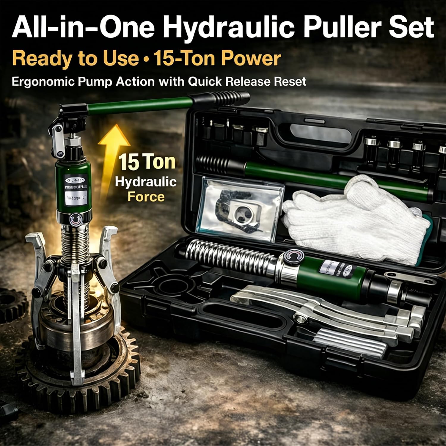 15-Ton Hydraulic Gear Puller with 2 & 3 Jaw 12" Reach