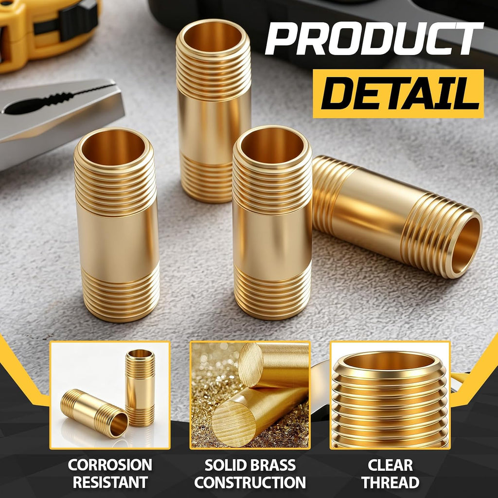 4 Pcs Brass Long Nipple, 1/2" NPT Male x 1/2" NPT Male, 2" Length