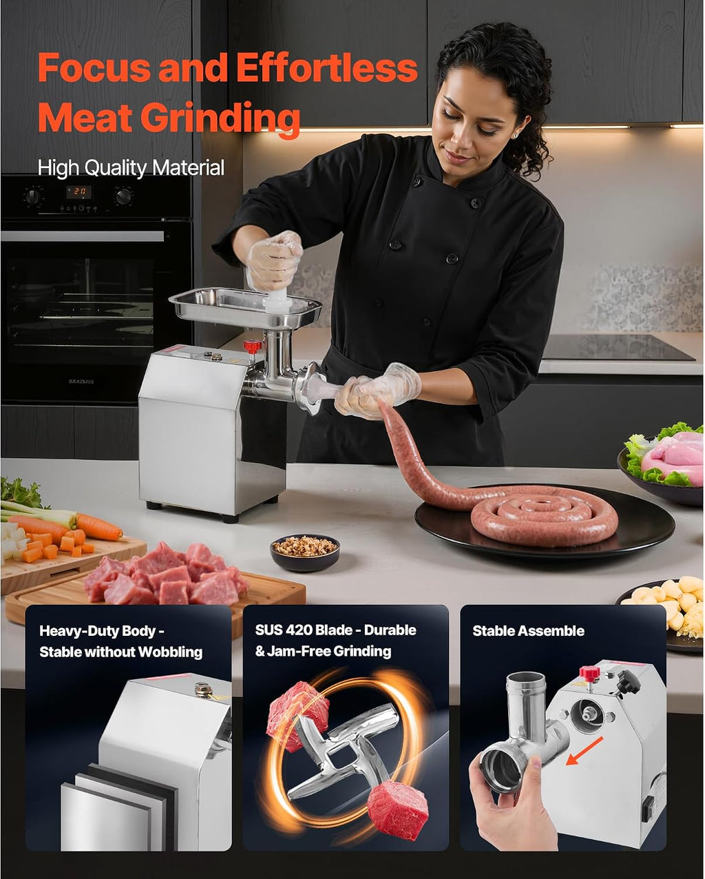Commercial Electric Meat Grinder – 600W Stainless Steel Industrial Mincer with Sausage Stuffer, 5 lbs/min Capacity