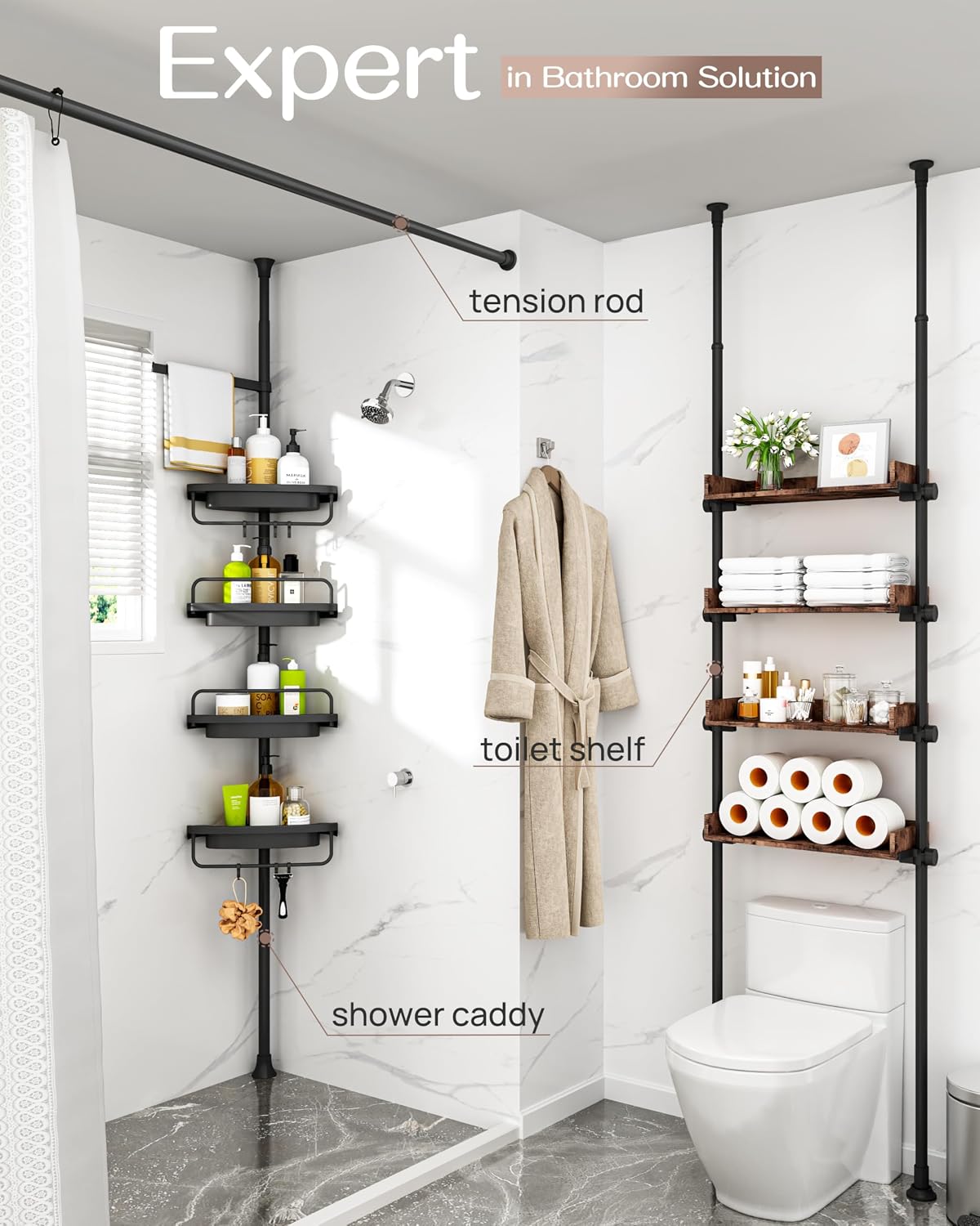 Corner Shower Caddy Tension Pole, Extendable Rustproof Stainless Steel Pole & 4-Tier Adjustable Shelves for Easy