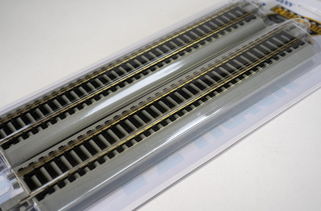 Trains 9" Straight Track 4PK NS Rail with Gray Roadbed HO Scale | Snap-Fit E-Z Track, 9” Straight Track (4/card)