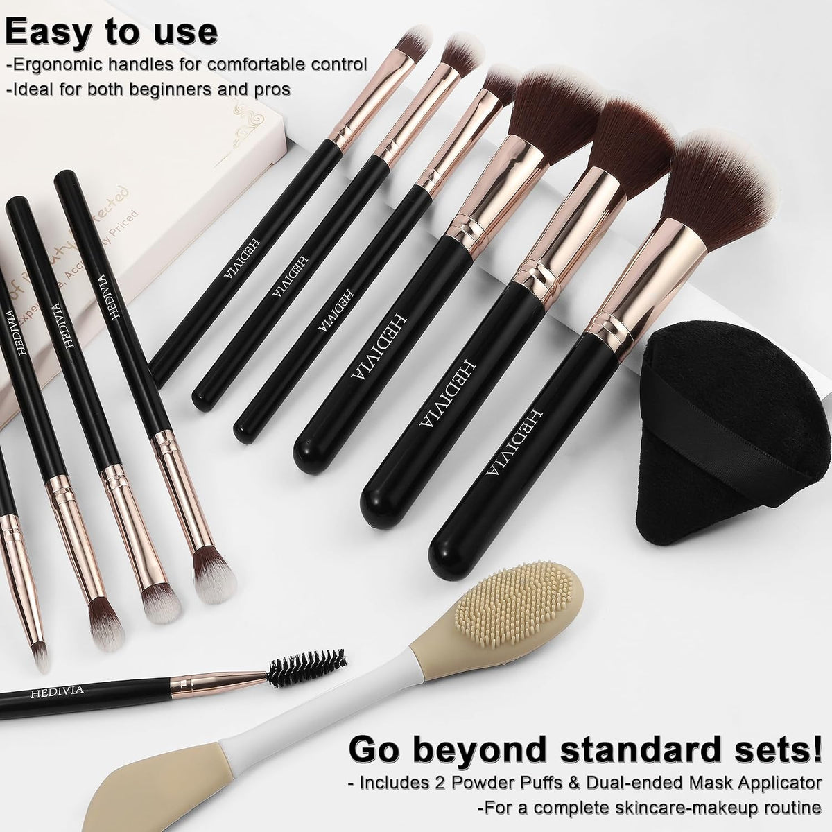 black Makeup Brushes Set 14 Pcs Professional, Synthetic Foundation Concealer Powder Blush Eyeshadow Brushes with 2