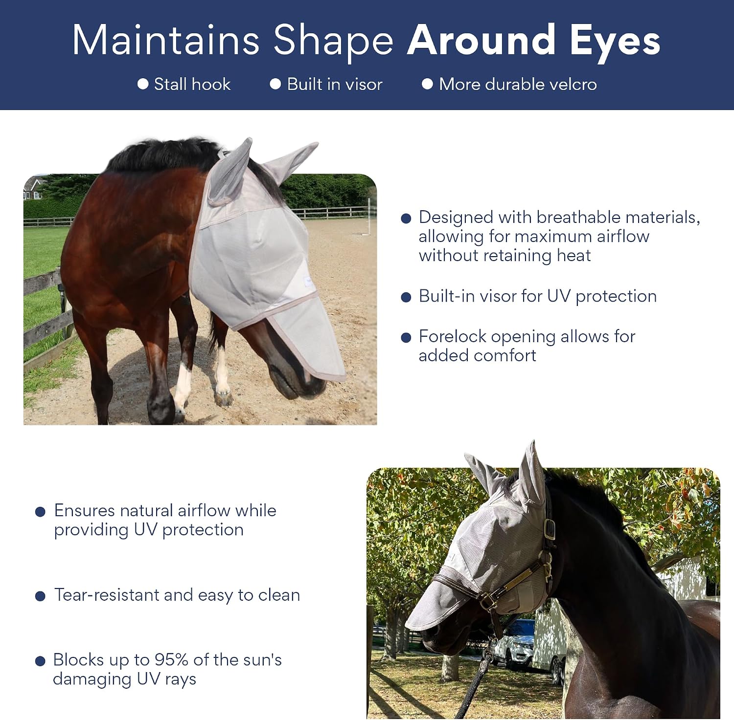 Horse Fly Mask with Nose Cover & Ears, UV Eye Protection, Medium/Large