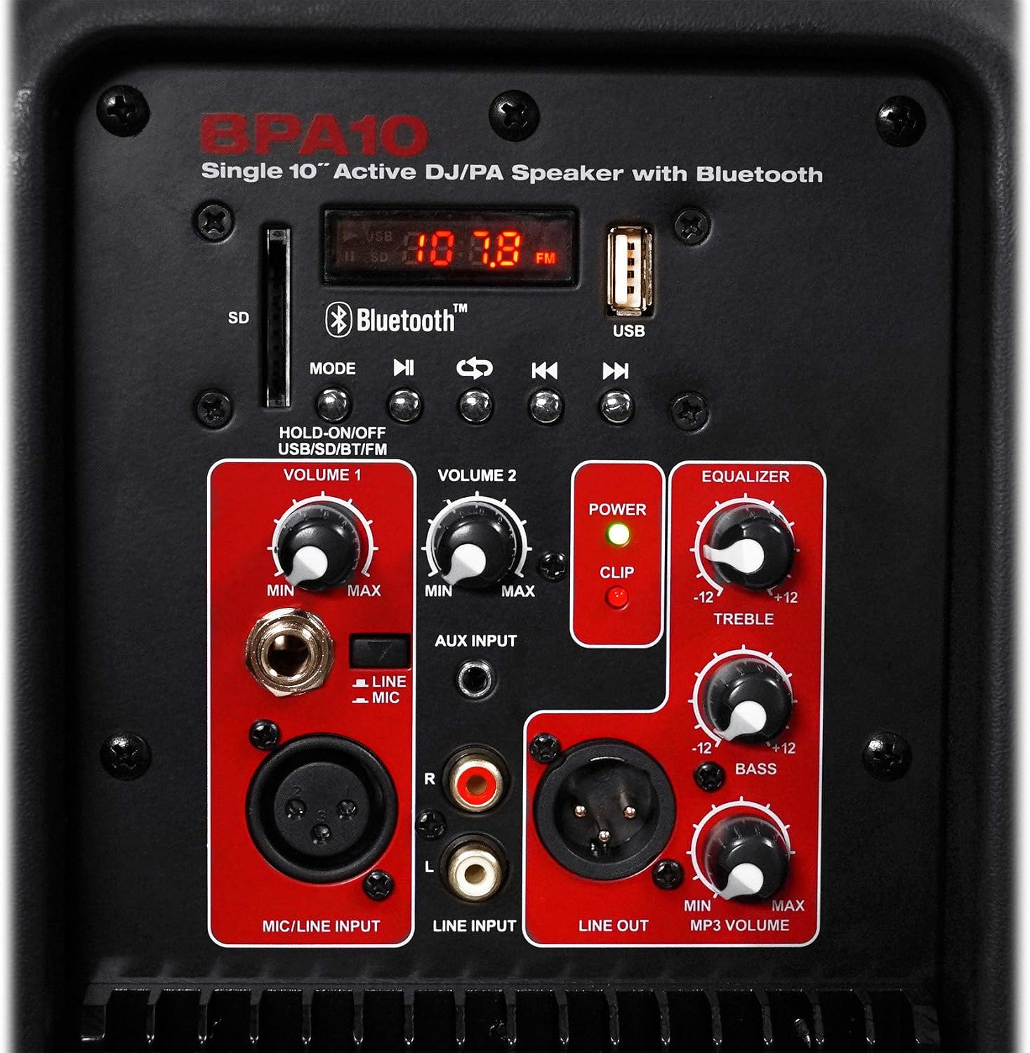 BPA10 10" 400W Peak Powered PA DJ Speaker with Bluetooth, USB/SD Player, FM Radio, XLR/RCA/1/4"/Aux Inputs, Remote