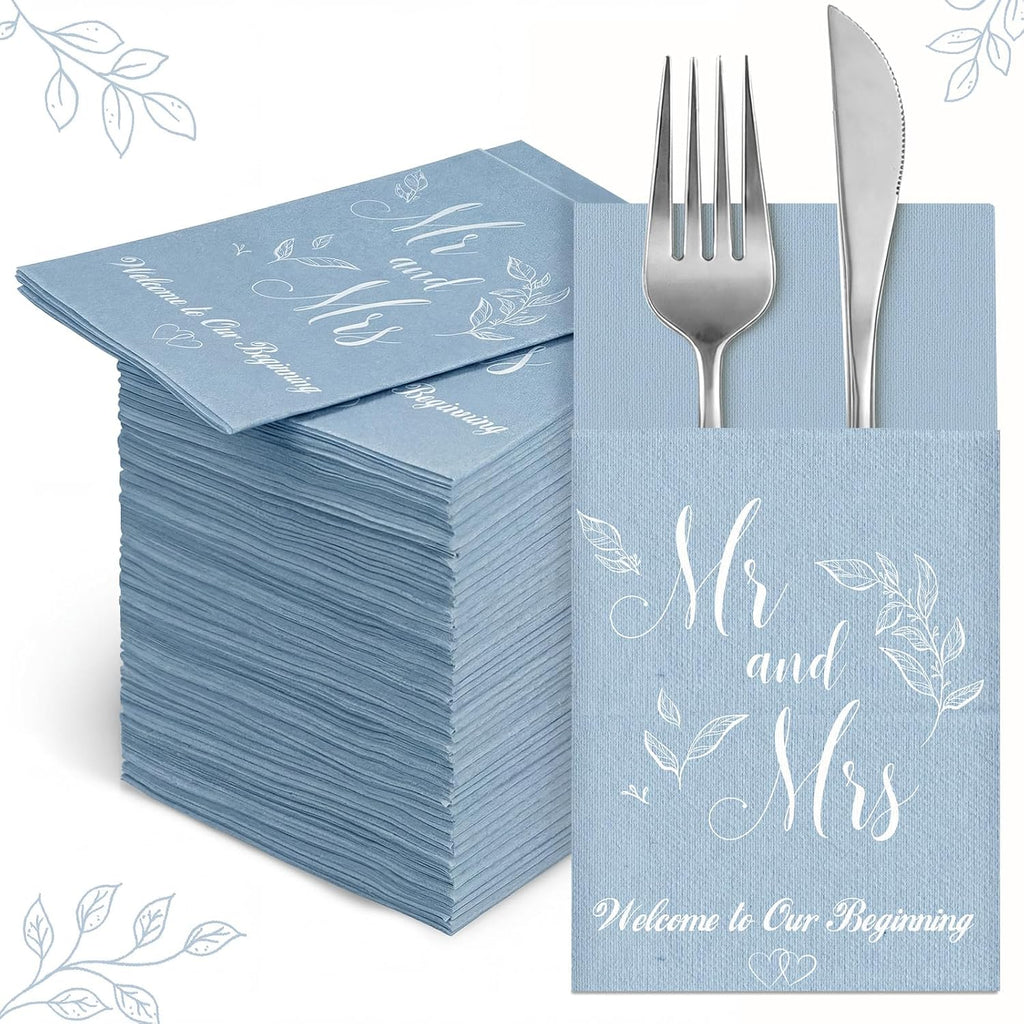 100 Pcs Linen Feel Napkins Disposable, Blue Mr and Mrs