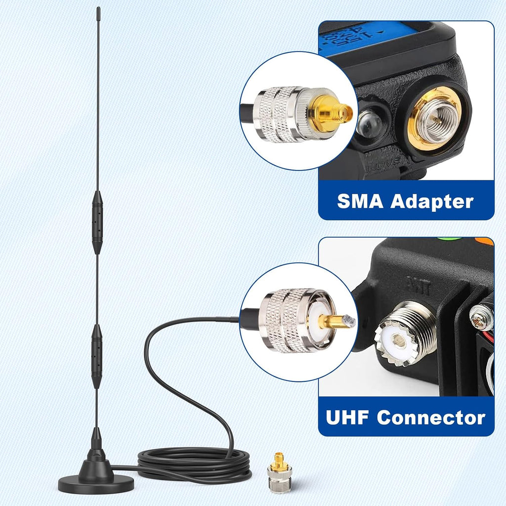 Car Mobile Ham Radio Antenna, Dual Band UHF VHF PL259 Antenna | 136-174/400-480MHz, Magnetic Base Antenna with SMA