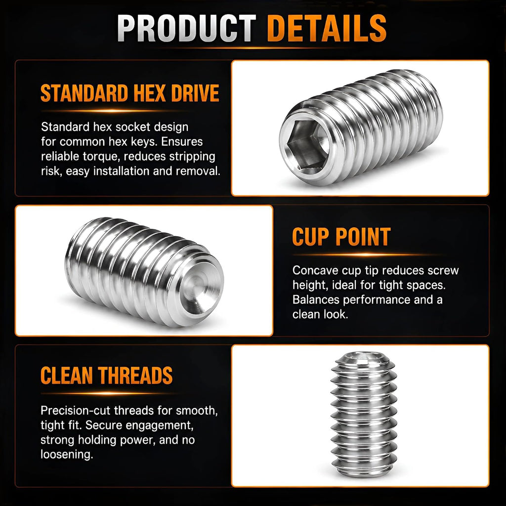 70Pcs #8-32 x 5/16" Set Screws, Hex Socket Grub Screws with Cup Point