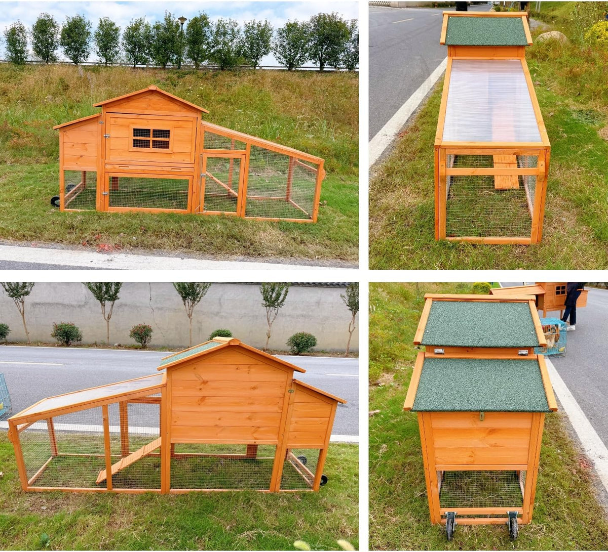 Mobile Chicken Coop with Wheels, Portable Hen House for 4-6 Chickens, Wood Outdoor Poultry Cage with Large Run