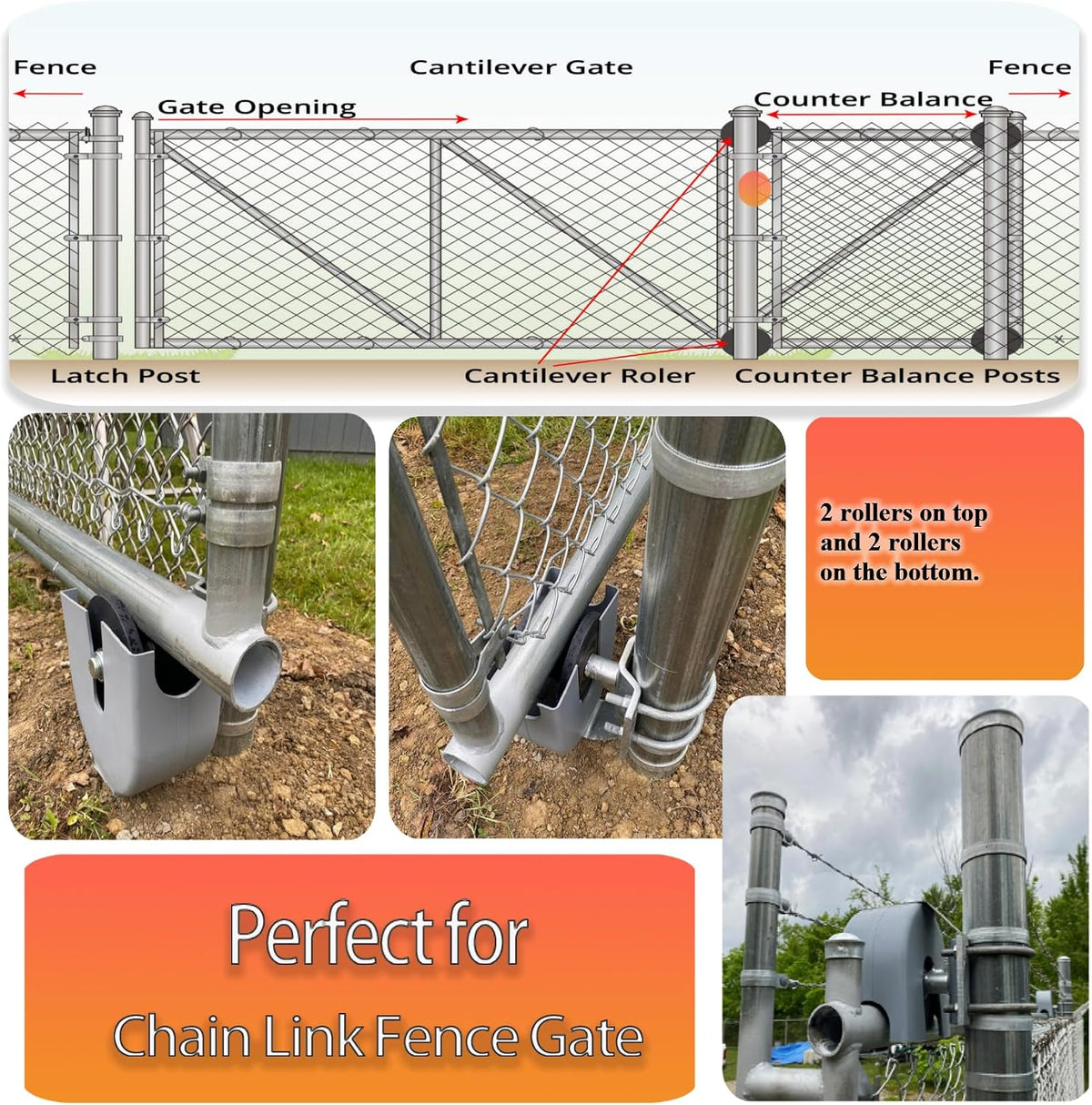Sliding gate Rollers,Cantilever Gate Rollers,Nylon Gate Rollers for 4" Round Post,2-3/8" or 2-1/2" Chain Link Fence Gate Frames -Pack of 2