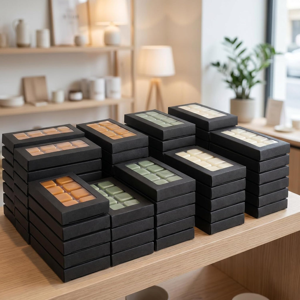 100 Pack Wax Melt Containers, Black Kraft Paper Gift Boxes with Window and 8 Cavity Plastic Molds for Wax Melt