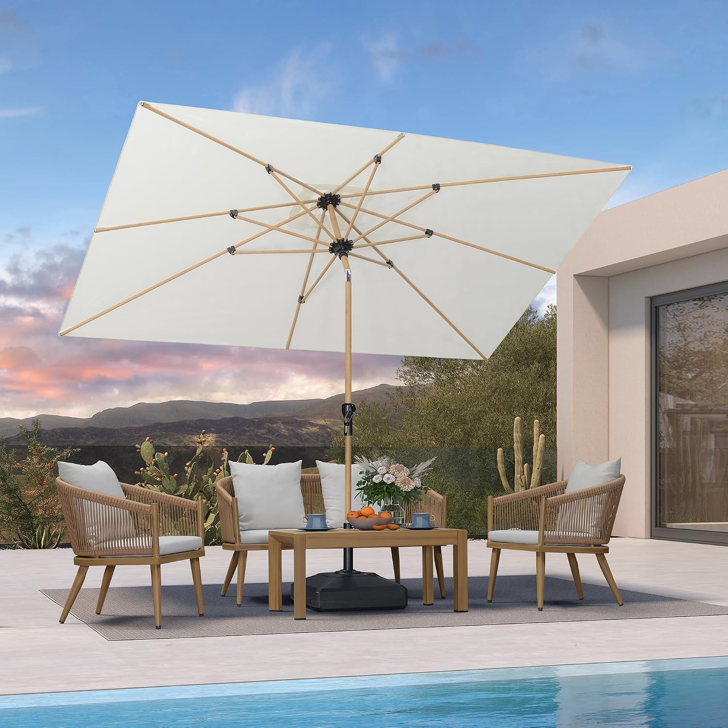 6.5' x 10' Outdoor Umbrella with Base Patio Umbrella Rectangular Outdoor Table Umbrella with Push Button Tilt & Crank