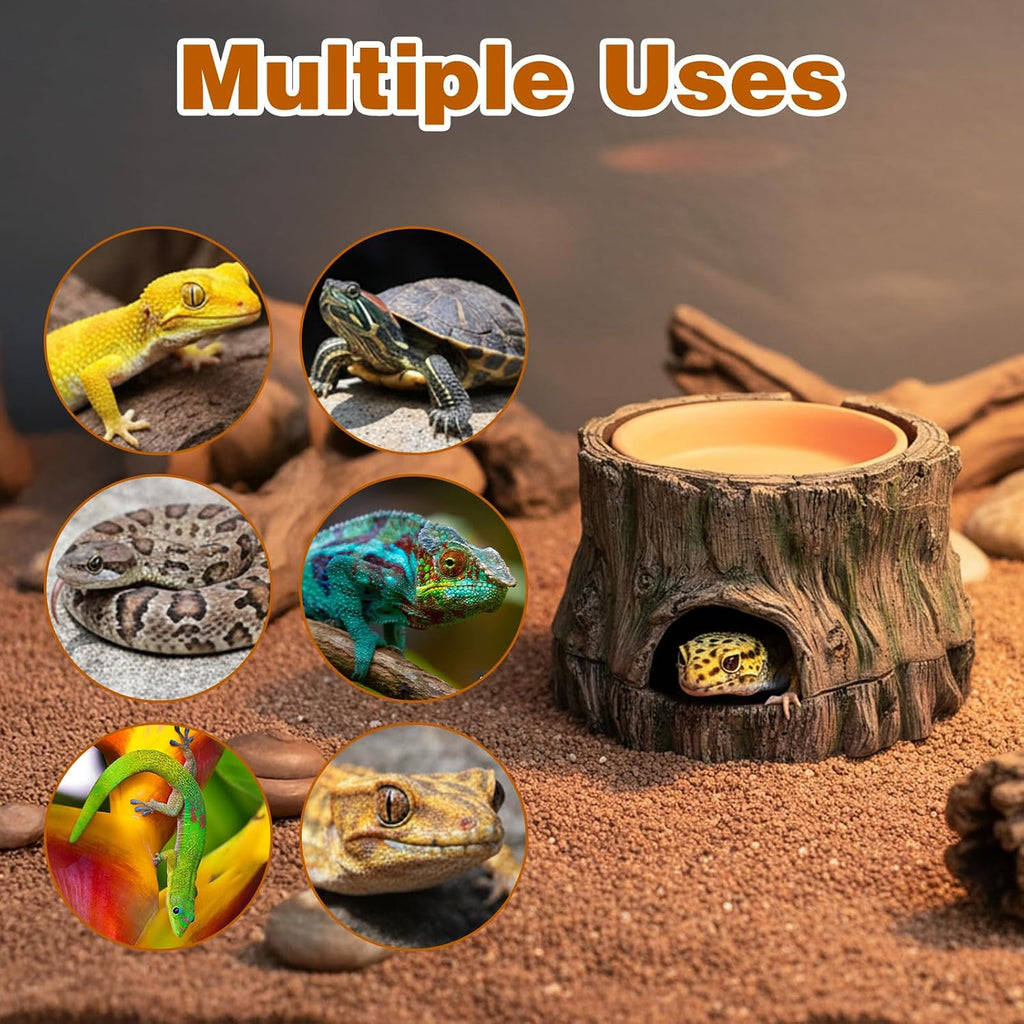 3 in 1 Reptile Hide Cave with Detachable Base & Humidity Dish, Essential Terrarium Decor for Crested Gecko, Leopard