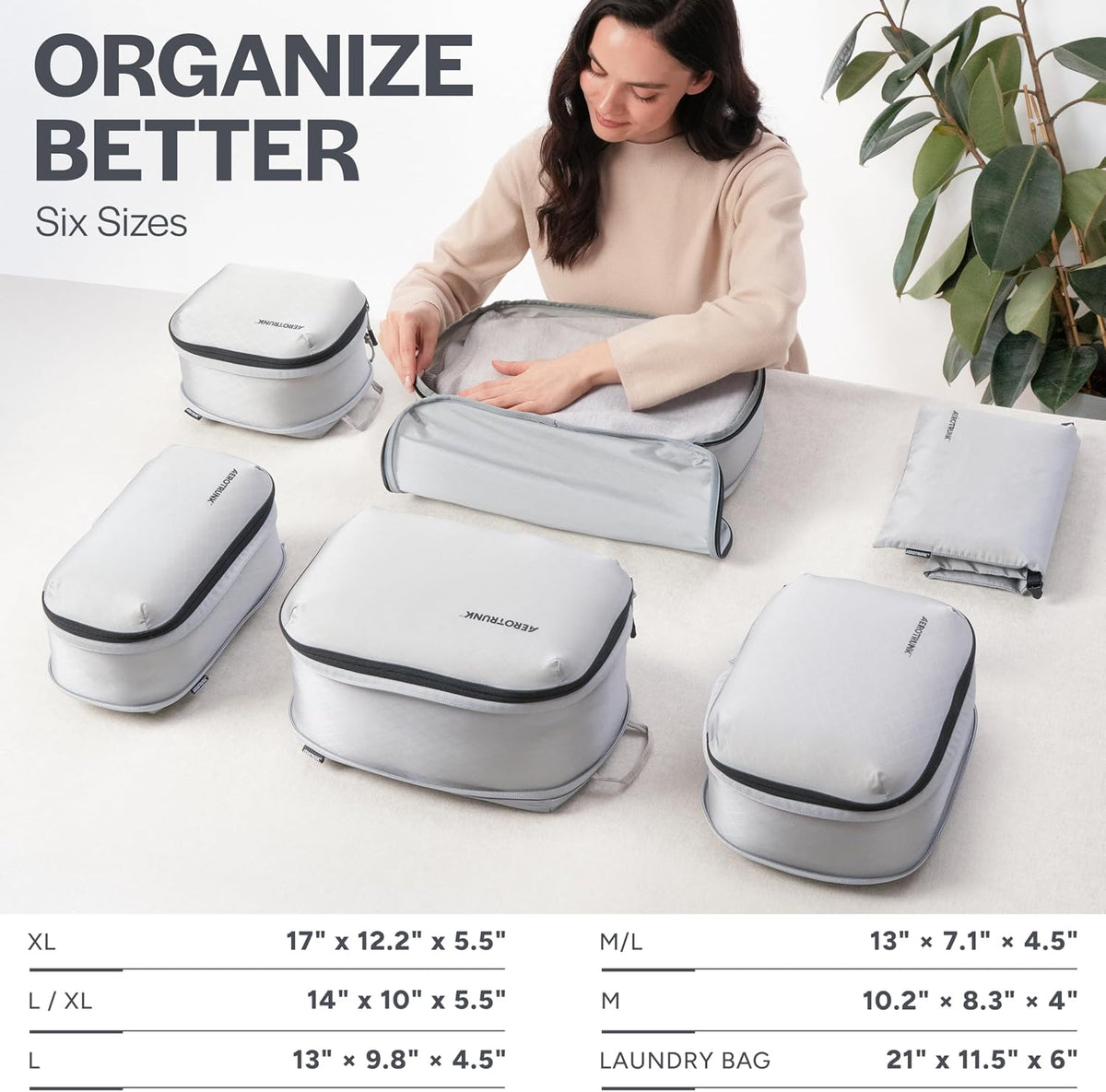 Ultralight Compression Packing Cubes for Travel, 6-Pack, Light Grey