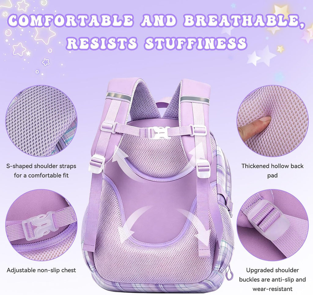 Backpack for Girls,Cute Plaid Backpack,Preppy Bookbag for Elementary & Middle School Students,Large Capacity School