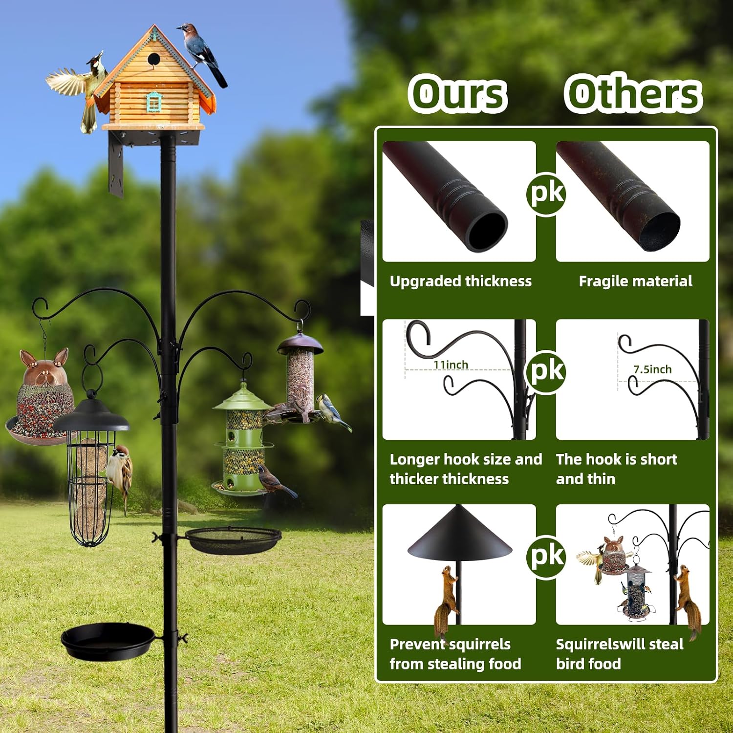 Bird Feeder Pole - 92 Inch Heavy Duty Birdhouse Stand with Squirrel Proof Baffle for Outdoor, Adjustable Bird Feeding