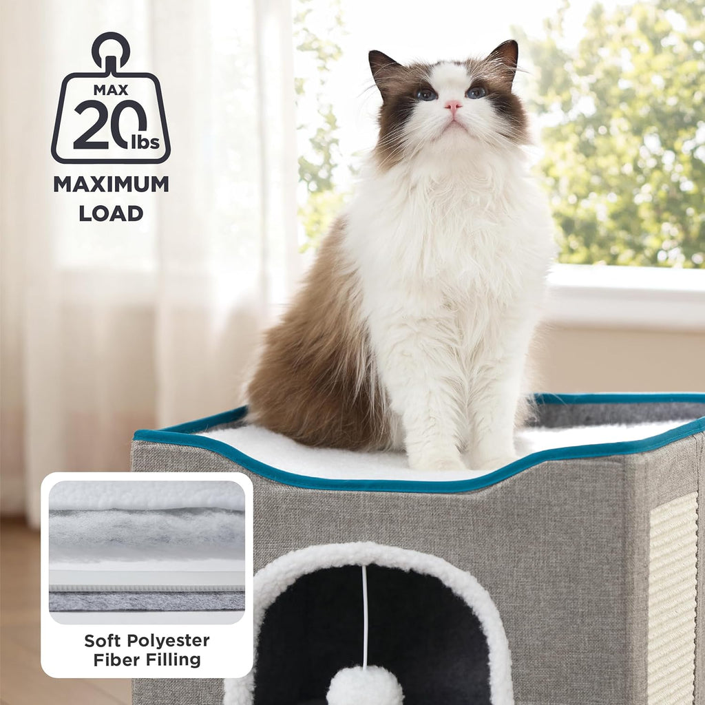 Cat Beds for Indoor Cats - Large Cat Cave for Pet Cat House with Fluffy Ball Hanging and Scratch Pad, Foldable Cat