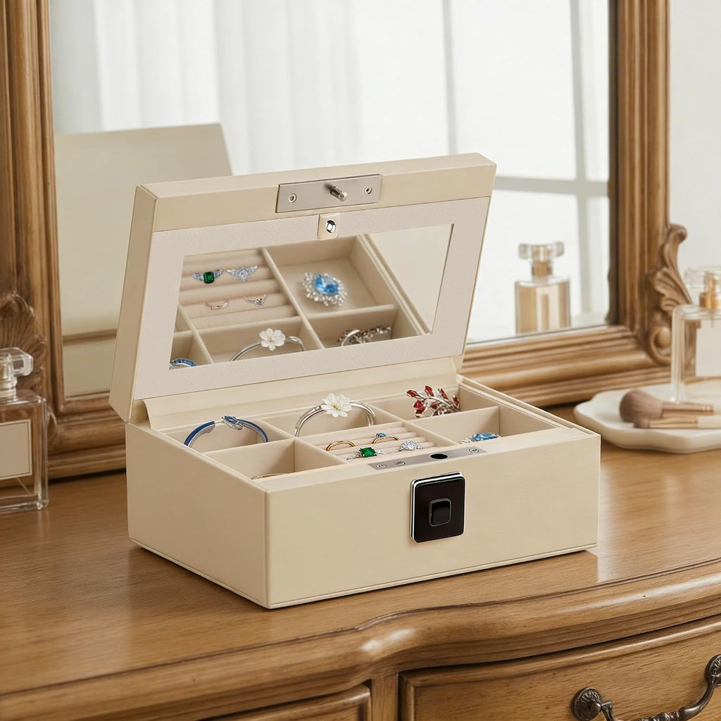 Jewelry Safe, Biometric Fingerprint Safe, Leather Wrapped Jewelry Box with Lock & Mirror, Ultra-Lightweight Jewelry