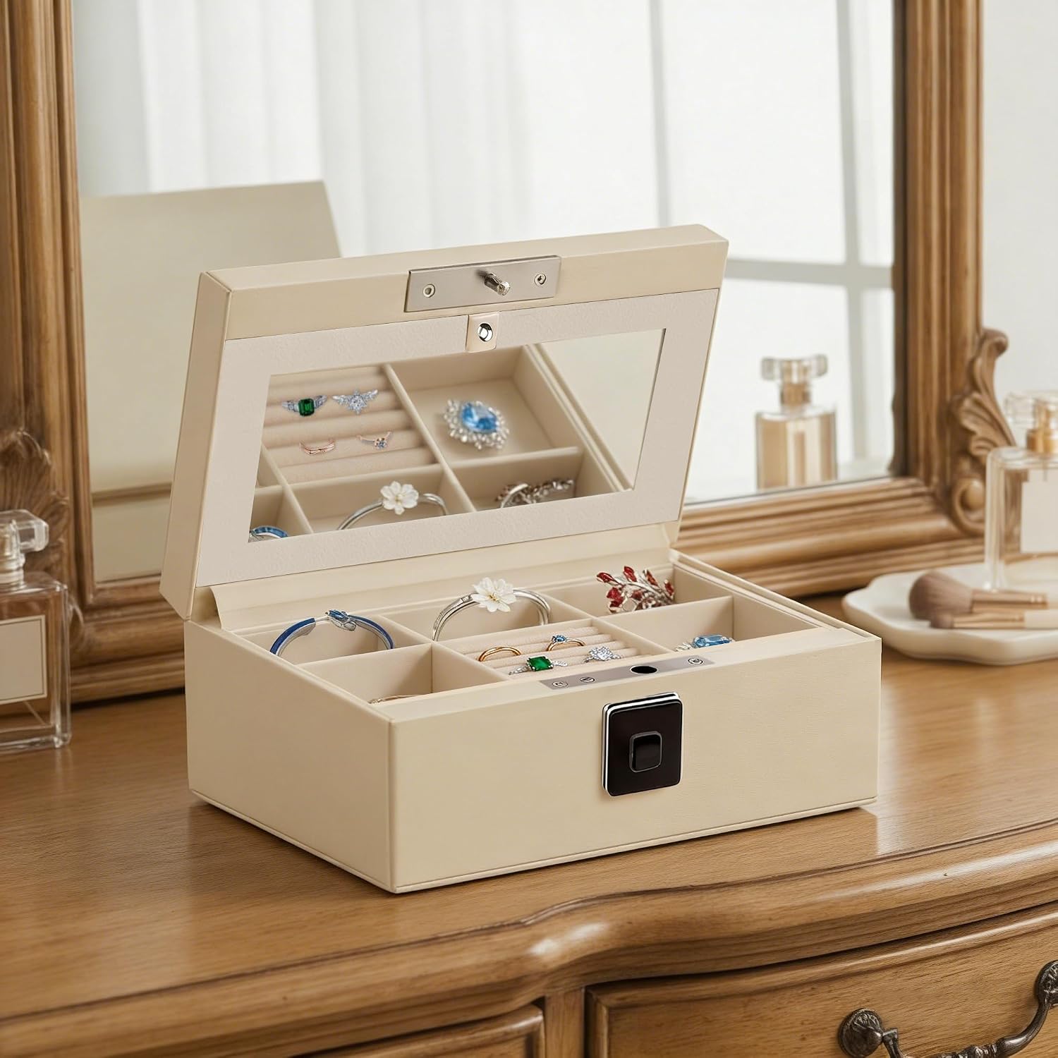 Jewelry Safe, Biometric Fingerprint Safe, Leather Wrapped Jewelry Box with Lock & Mirror, Ultra-Lightweight Jewelry