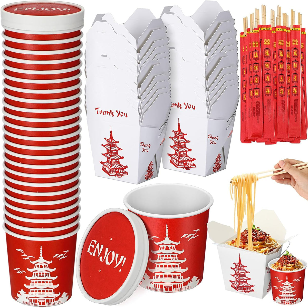 24 Set 32 oz Chinese Take out Box, Bamboo Chopstick 12 oz Soup Containers with Lids, Takeout Food Containers Boxes