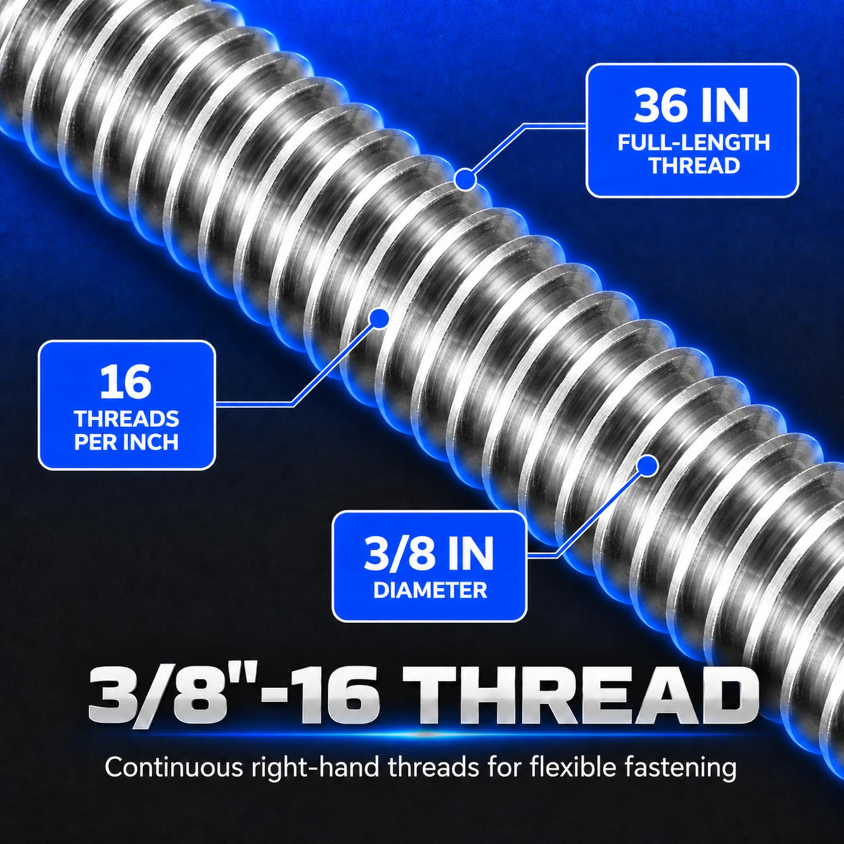 304 SS Fully Threaded Rod, 3/8"-16 x 36, 4-Pack