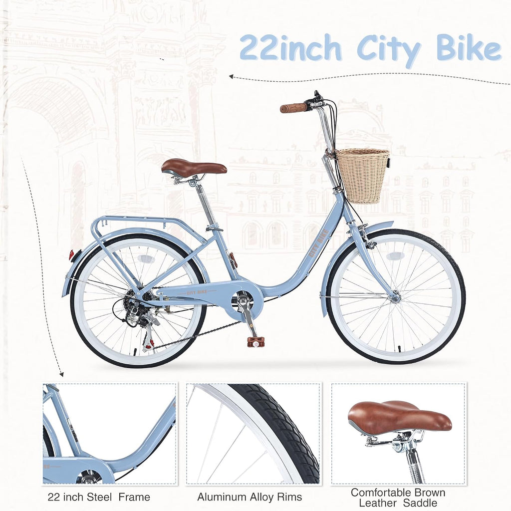 22/26 Inch Women's Bike Beach Cruiser Bike for Women/Girls，City Hybrid Bike 7 Speeds Adult Bicycle Commuter Bike for
