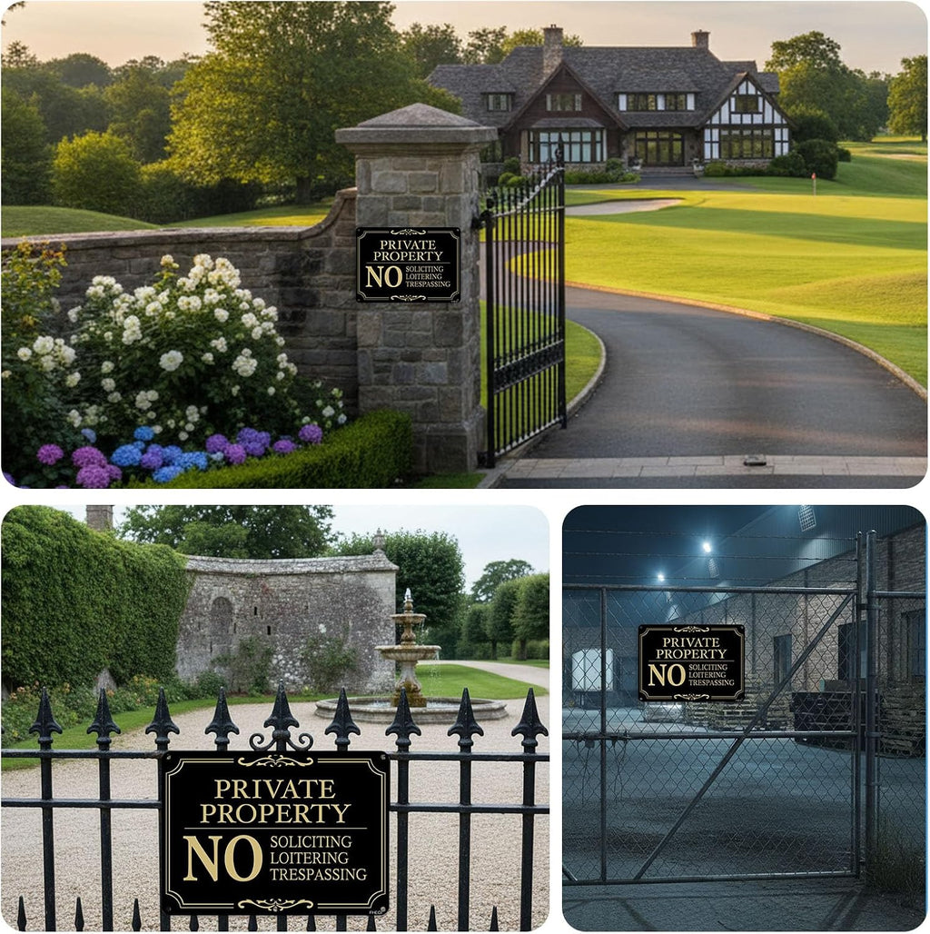 Private Property Sign, No Soliciting/No Loitering/No Trespassing/Warning Metal Signs, 2 Pack10 x 7 Inches Rust Free