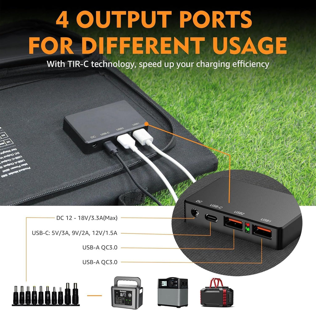 60W Foldable Solar Panel for 100W~350W Portable Power Station | 18V DC Output (11 Connectors), Compatible with
