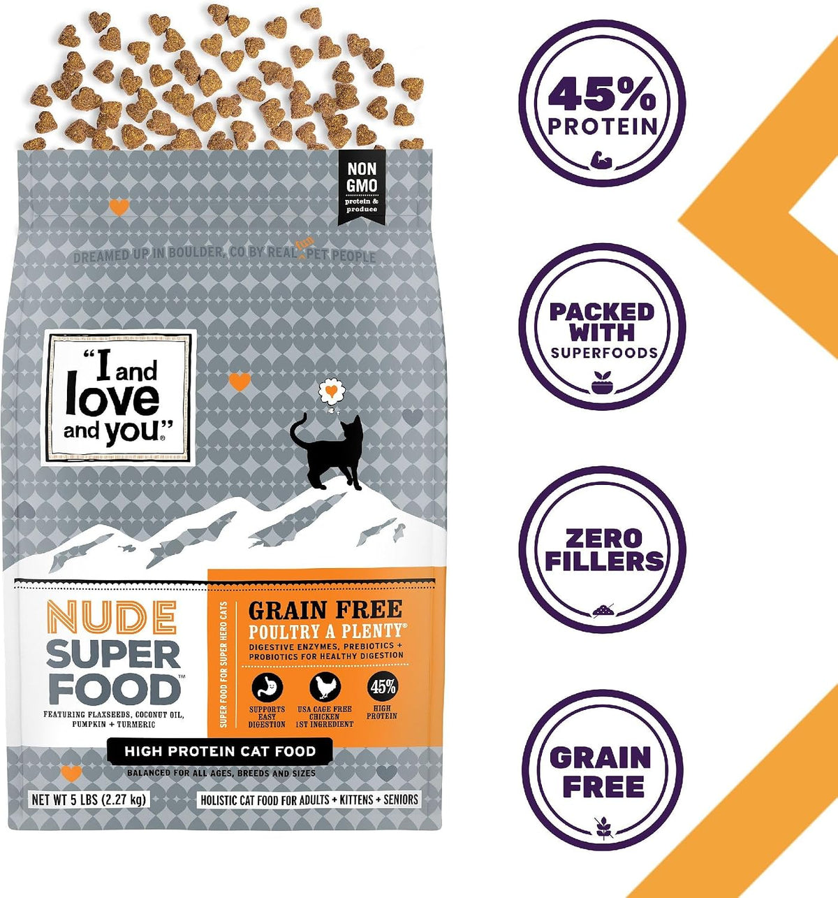 Nude Super Food Dry Cat Food - Turkey + Chicken - Grain Free, High Protein, No Fillers, Superfoods, 5lb Bag