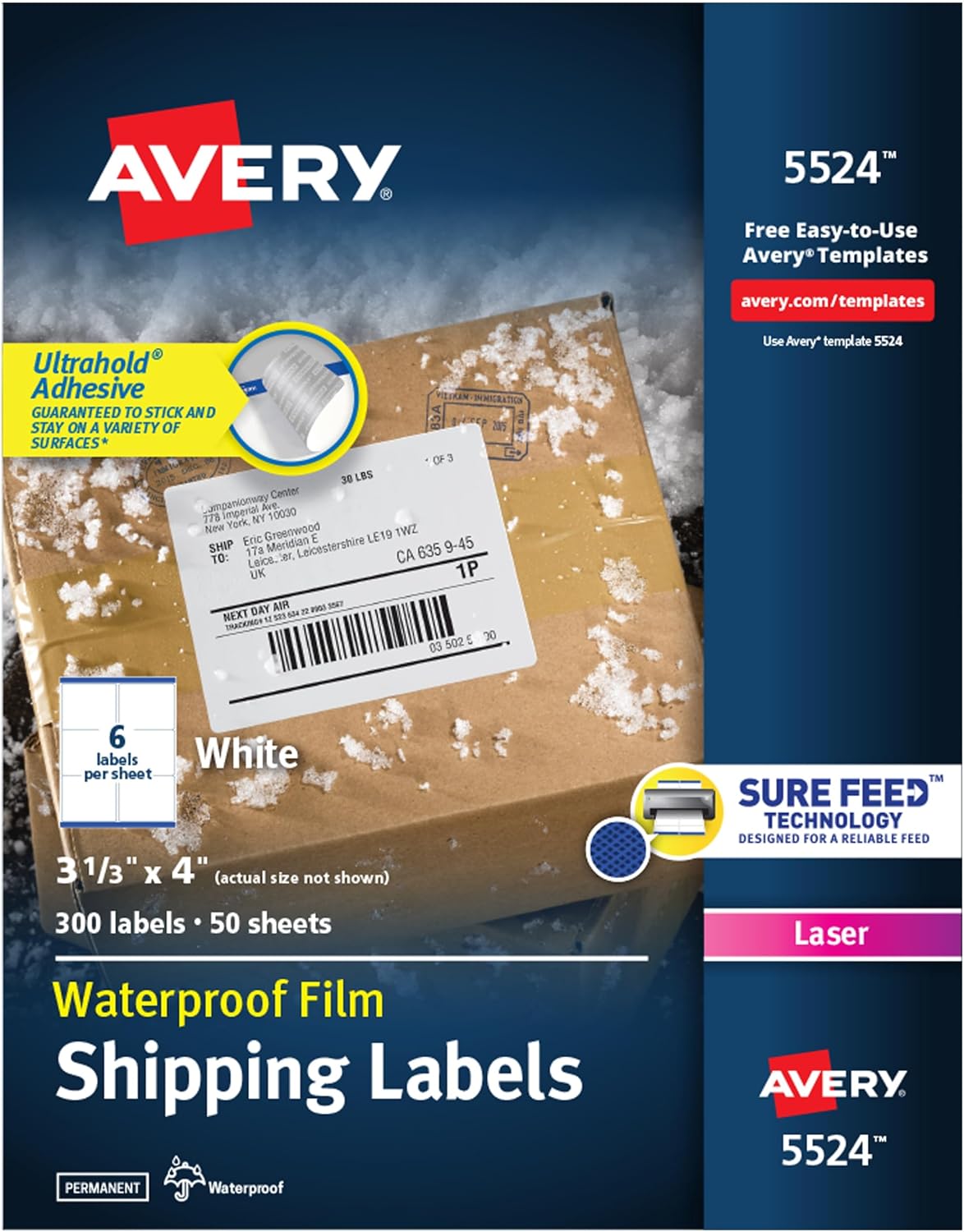 Durable Waterproof Shipping Labels with Sure Feed Technology, 3-1/3" x 4", White, Laser Compatible, 300 Blank Labels
