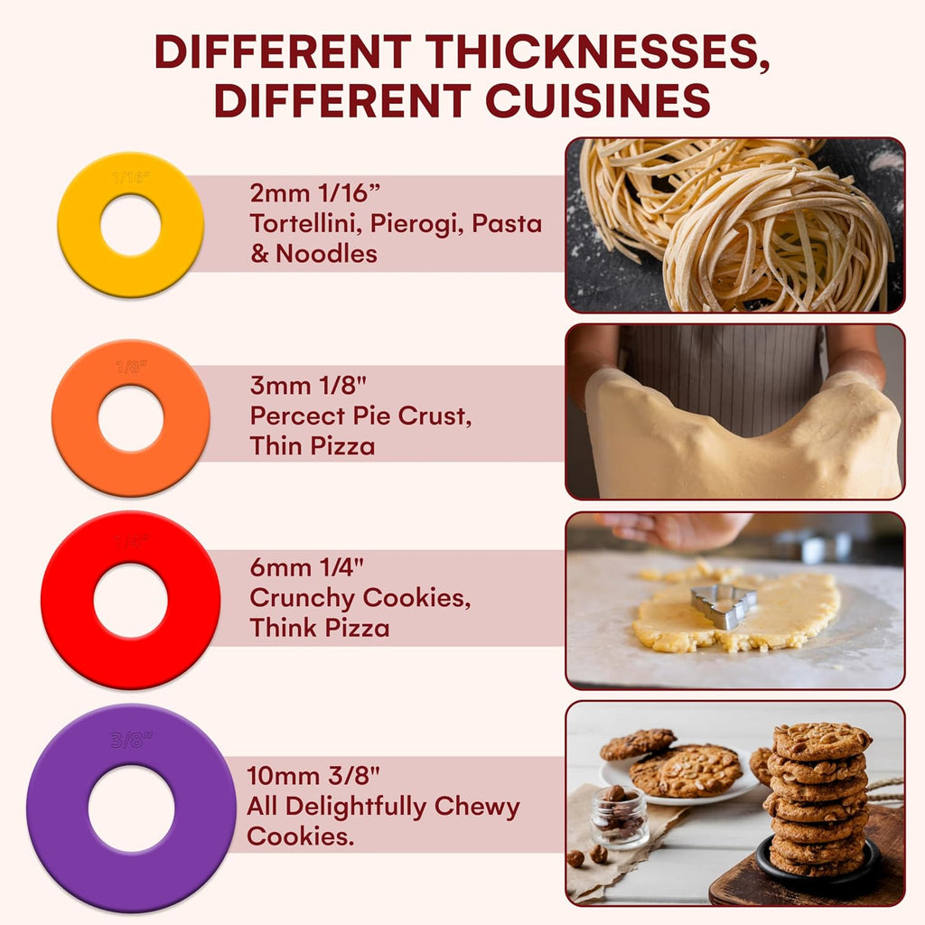 Rolling Pin with Thickness Rings - Adjustable Wooden Rolling Pin - Baking Essential and Roller Tool - Consistent