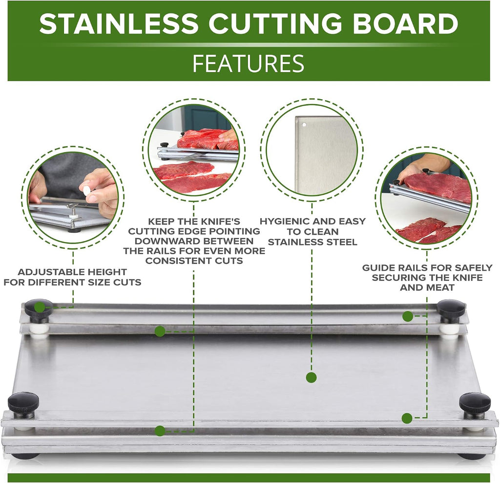 Jerky Maker Cutting Board With Professional Slicing and Carving Knife 8oz Pack of Seasoning and How to Book (1)