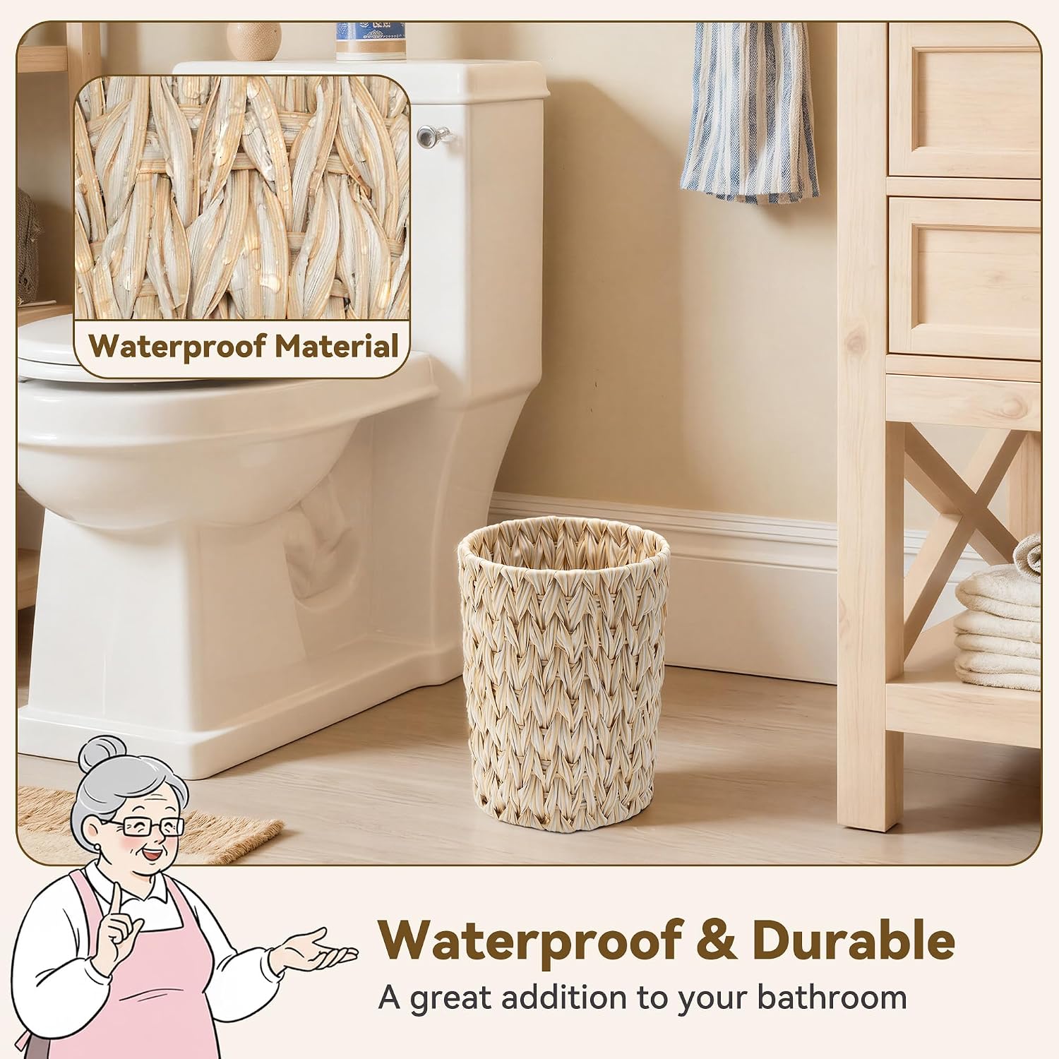 Small Wicker Trash Can, Trash Basket for Decor, Butter Milk | 2 Gallon Bathroom Waste Basket, Small Plastic Bathroom