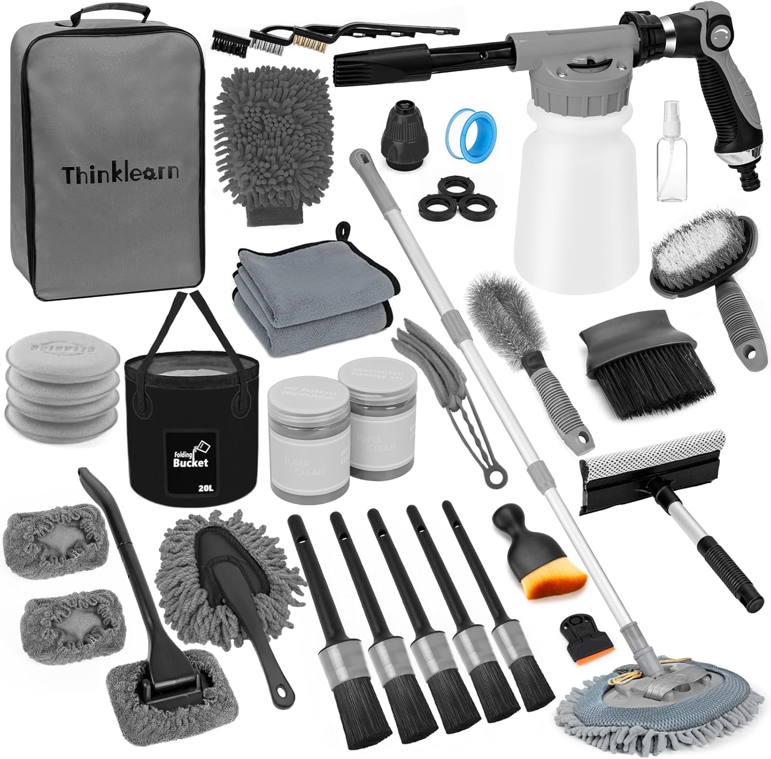 Car Wash Detailing Kit with Foam Gun, Car Cleaning Kit Set,Car Wash Brush with Long Handle, Large Folding Bucket for