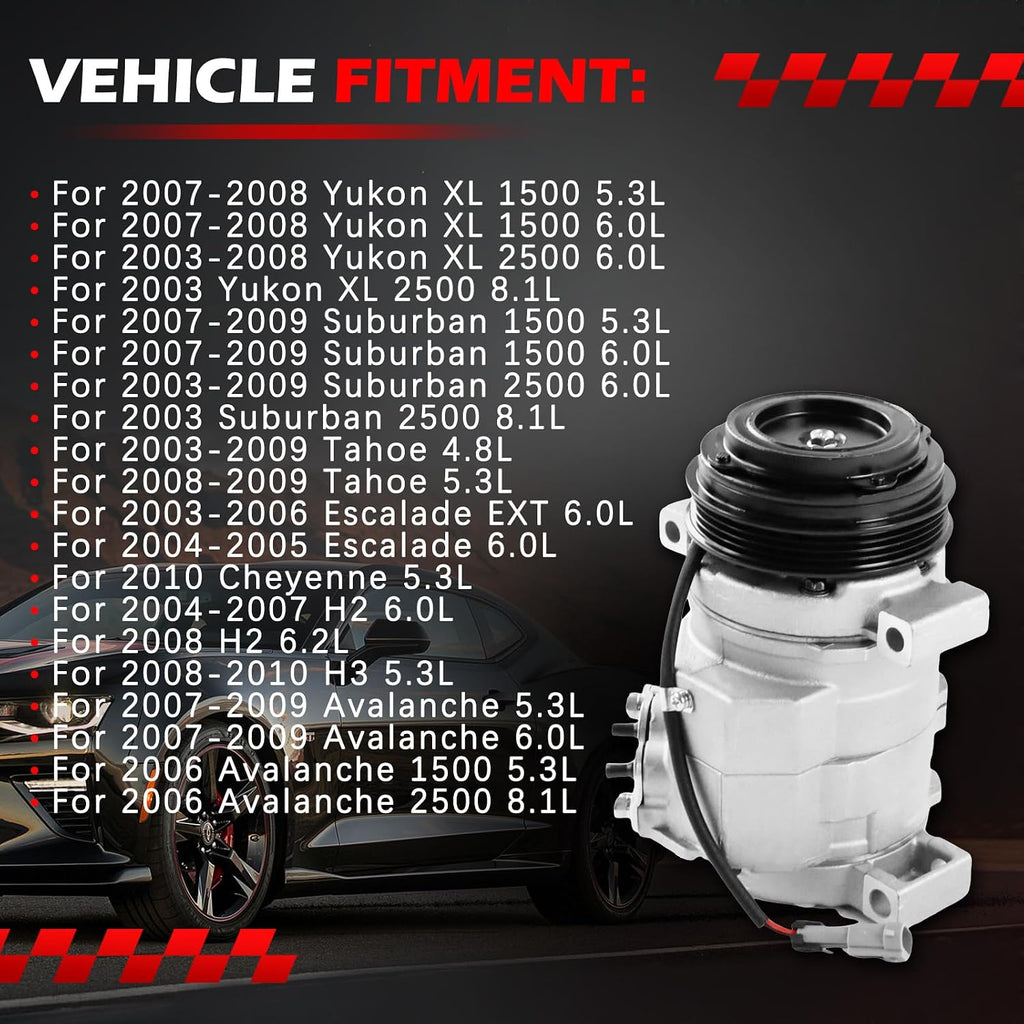 A/C Compressor with Clutch Fit for Escalade Silverado Suburban Tahoe GMC Sierra Yukon, 4.8L 5.3L 5.7L 6.0L 6.2L 8.1L, A/C with Clutch Replacement for 89024907 20784066 272531