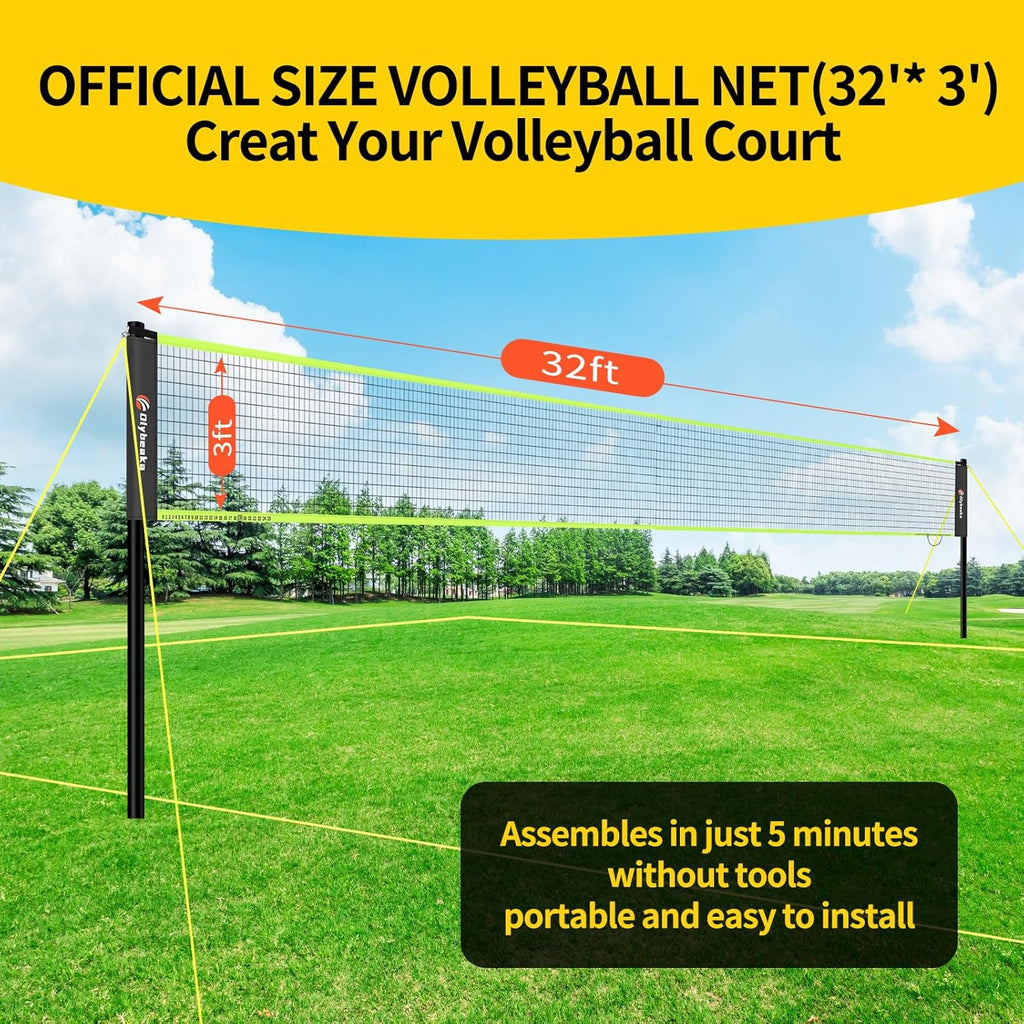 Portable Outdoor Volleyball Net Set 20FT / 32FT, 4 Adjustable Heights | Complete Volleyball System with PE Net, PU