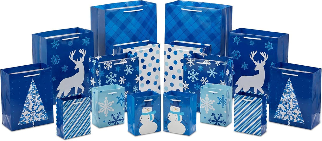 Image Arts Christmas Gift Bags, Assorted 16-Pack (Blue and White)