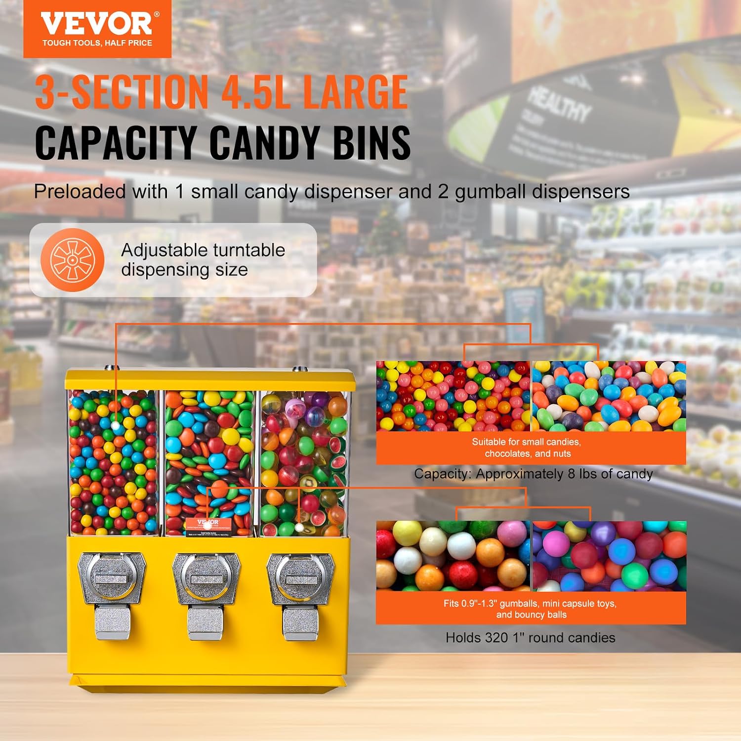 Commercial Vending Machine, Triple Compartment Candy Dispenser with Iron Stand, Gumball and Candy Machine for