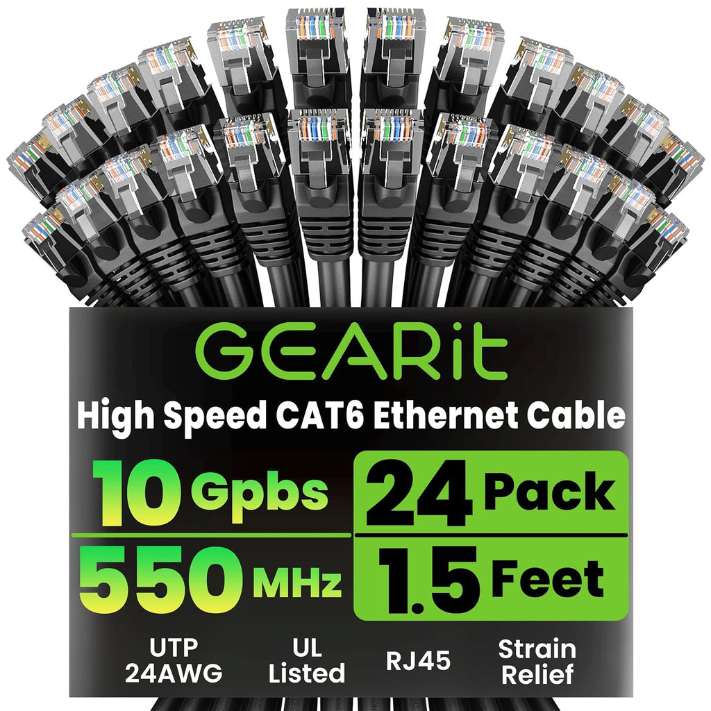 Cat6 Patch Cables Cat 6 Ethernet Cable 1.5 ft 24-Pack Black | High Speed 24AWG 10Gbps RJ45 Snagless Gold-Plated