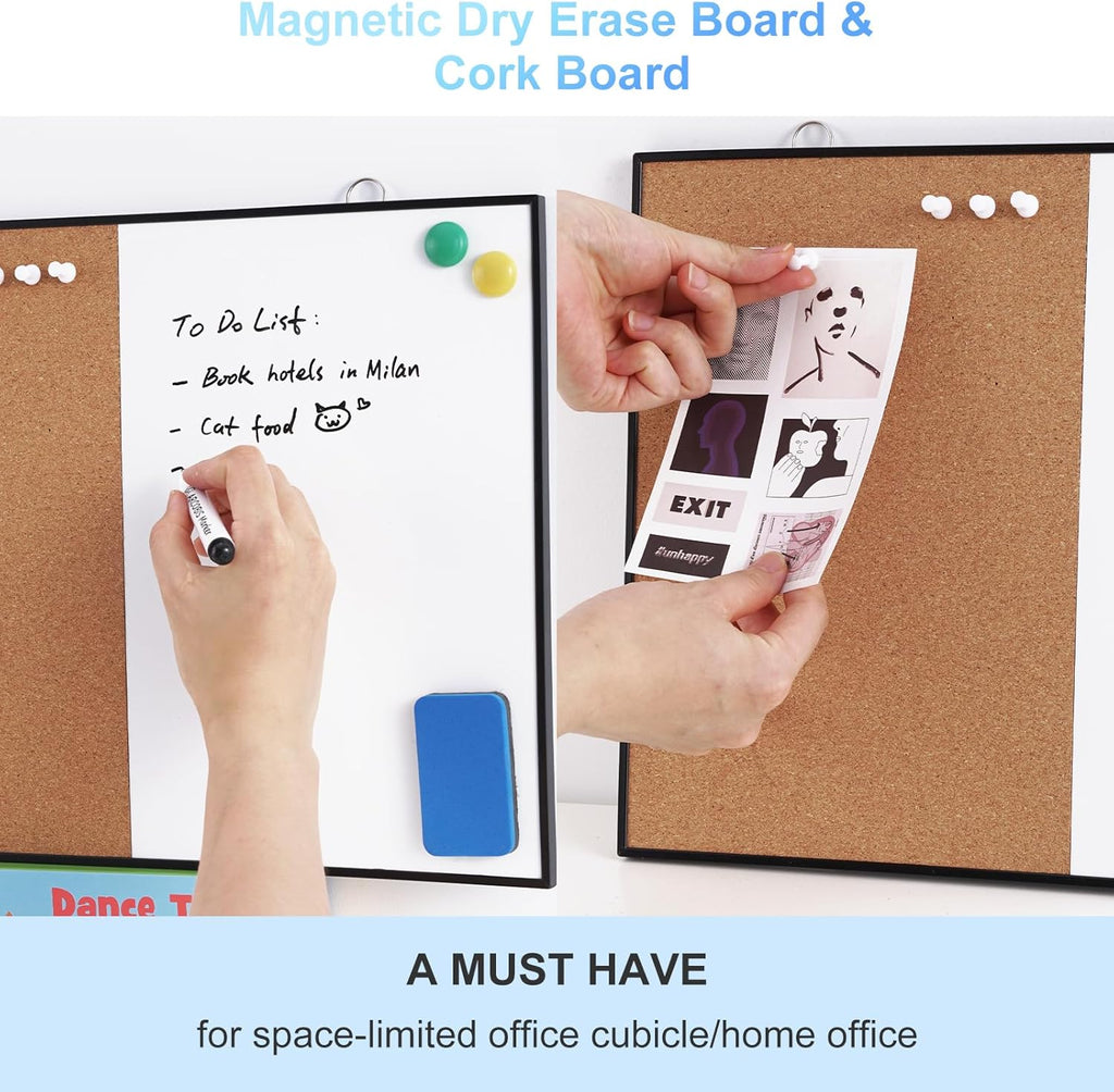 Cork Board White Board Combo, 12"X16" Small Bulletin Board for Wall, Double-Sided Magnetic Dry Erase Corkboard