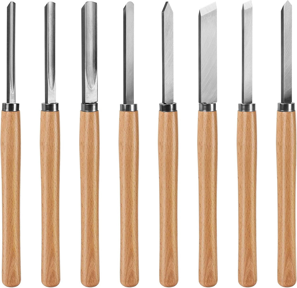 Professional Wood Turning Chisel 8 pcs Set, Lathe Chisel Set with 2 Skew 1 Spear Point 1 Parting 1 Round Nose & 3