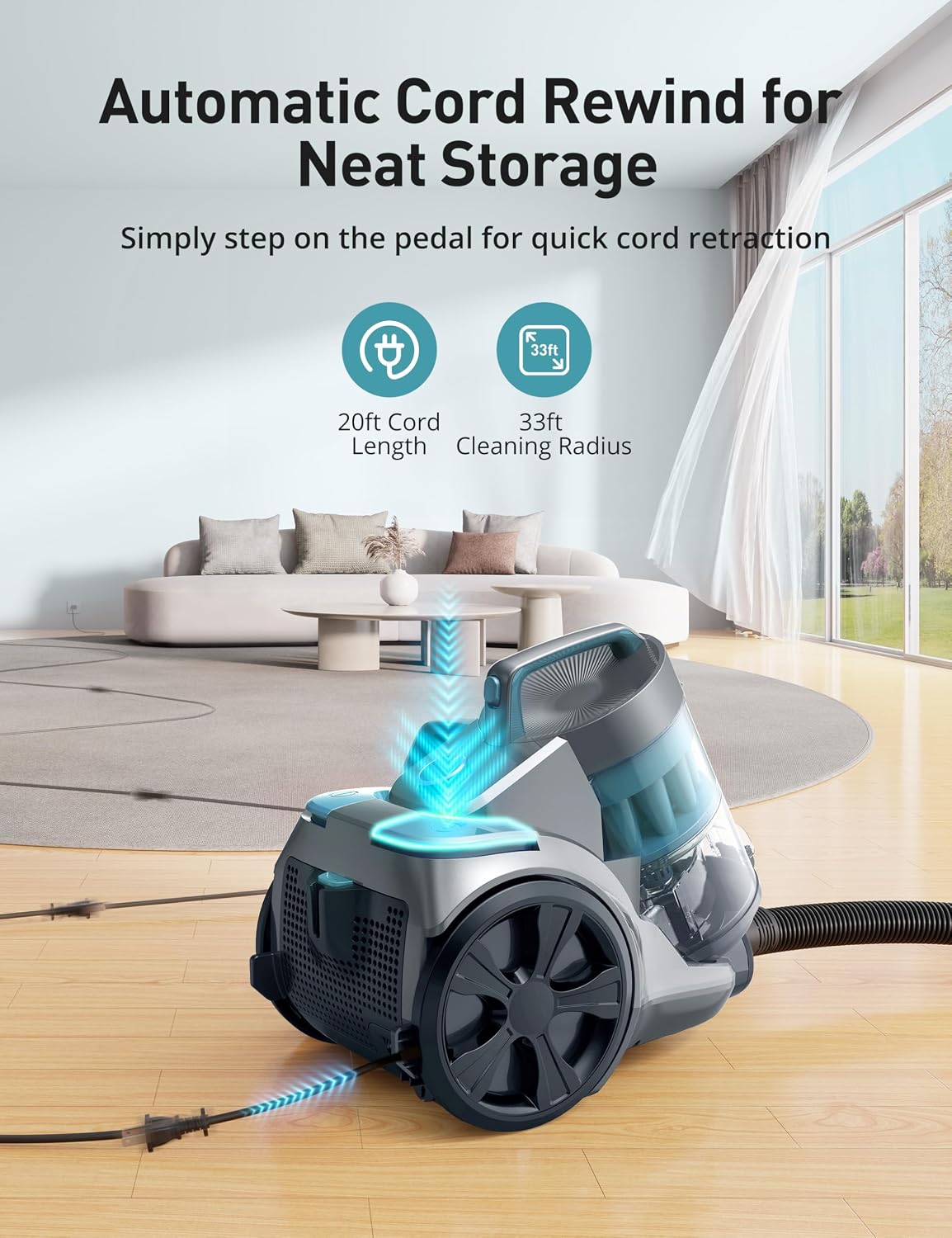1700W Canister Vacuum Cleaner, 45Kpa Bagless Vacuum Cleaner, Multi-Cyclonic Filtration, 2 Anti-Allergen HEPA Filters